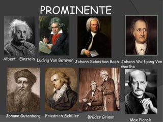 PROMINENTE



Albert Einstein Ludvig Van Betoven
                                   Johann Sebastian Bach Johann Wolfgang Von
                                                         Goethe




 Johann Gutenberg   Friedrich Schiller   Brüder Grimm
                                                            Max Planck
 