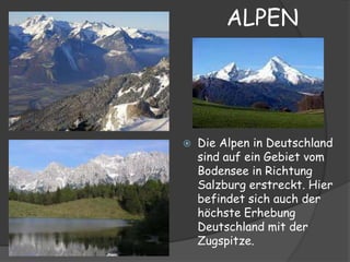 ALPEN




   Die Alpen in Deutschland
    sind auf ein Gebiet vom
    Bodensee in Richtung
    Salzburg erstreckt. Hier
    befindet sich auch der
    höchste Erhebung
    Deutschland mit der
    Zugspitze.
 