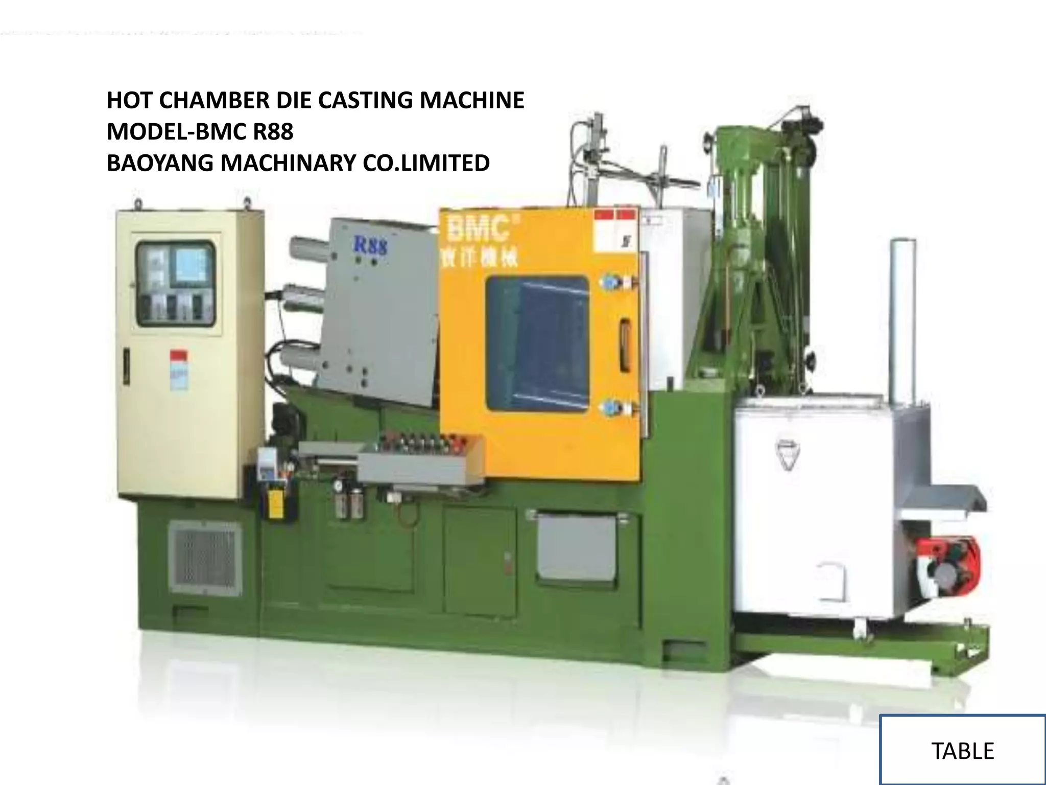 HOT CHAMBER DIE CASTING MACHINE
MODEL-BMC R88
BAOYANG MACHINARY CO.LIMITED
TABLE
 