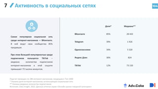 104
Активность в социальных сетях
Самая популярная социальная сеть
среди интернет-магазинов — ВКонтакте.
В ней ведут свои сообщества 85%
продавцов.
При этом большей популярностью среди
подписчиков пользуется TikTok –
медиана количества подписчиков
интернет-магазинов в этой соцсети
превышает 73 тысячи аккаунтов.
Подсчет проведен по 286 интернет-магазинам, входящим в Топ-1000
* Указана доля интернет-магазинов, использующих социальную сеть.
** Указана медиана количества подписчиков.
Источник: Data Insight, 2022: Данные отчетов серии «Онлайн-рынок товарной категории»
Доля* Медиана**
ВКонтакте 85% 28 443
Telegram 39% 1 426
Одноклассники 34% 5 520
Яндекс Дзен 30% 824
TikTok 12% 73 150
7
 