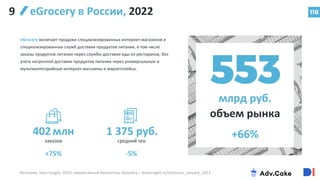 118
eGrocery в России, 2022
eGrocery включает продажи специализированных интернет-магазинов и
специализированных служб доставки продуктов питания, в том числе
заказы продуктов питания через службы доставки еды из ресторанов, без
учета несрочной доставки продуктов питания через универсальные и
мультикатегорийные интернет-магазины и маркетплейсы.
Источник: Data Insight, 2023: ежемесячный бюллетень eGrocery – datainsight.ru/eGrocery_January_2023
+66%
млрд руб.
объем рынка
402млн
заказов
1 375 руб.
средний чек
+75% -5%
9
 