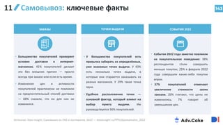 143
Самовывоз: ключевые факты
СОБЫТИЯ 2022
• События 2022 года заметно повлияли
на покупательское поведение: 38%
респондентов стали совершать
меньше покупок, 25% в феврале 2022
года совершали какие-либо покупки
впрок.
ЗАКАЗЫ
• Большинство покупателей проверяет
условия доставки в интернет-
магазинах. 41% покупателей делают
это без внешних причин — просто
всегда при заказе или если есть время.
• У большинства покупателей есть
привычка забирать из определённых,
уже знакомых точек выдачи. У 43%
есть несколько точек выдачи, в
которые они стараются заказывать из
разных магазинов. У 29% такая точка
одна.
• Удобное расположение точки —
основной фактор, который влияет на
выбор пункта выдачи. Им
руководствуется 56% покупателей.
ТОЧКИ ВЫДАЧИ
Источник: Data Insight, Самовывоз из ПВЗ и постаматов, 2022 — datainsight.ru/PP%26postamates_2022
• 37% покупателей отмечают
увеличение стоимости своих
заказов. 20% считают, что цены не
изменились. 7% говорят об
уменьшении цен.
• Изменения цен и активности
покупателей практически не повлияли
на предпочтительный способ доставки
— 68% сказали, что он для них не
изменился.
11
 