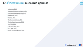 • eMarketer, 2023
• European E-Commerce Report, 2022;
• International Monetary Fund, 2022;
• Mediascope, 2022;
• Statista, 2023;
• The Economist Group, 2022;
• The Heritage Foundation, 2023;
• UNCTAD, 2020;
• The World Bank, 2022;
• U.S. News, 2023;
• World Population Review, 2023.
204
17 Источники: внешние данные
 