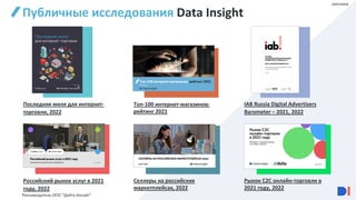 Публичные исследования Data Insight
Рынок С2С онлайн-торговли в
2021 году, 2022
Селлеры на российских
маркетплейсах, 2022
IAB Russia Digital Advertisers
Barometer – 2021, 2022
Российский рынок услуг в 2021
году, 2022
Последняя миля для интернет-
торговли, 2022
Топ-100 интернет-магазинов:
рейтинг 2021
Рекламодатель ООО "Дейта Инсайт"
реклама
 