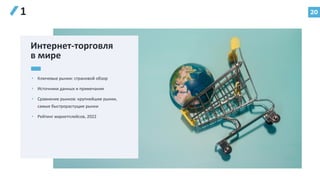 20
1
Интернет-торговля
в мире
• Ключевые рынки: страновой обзор
• Источники данных и примечания
• Сравнение рынков: крупнейшие рынки,
самые быстрорастущие рынки
• Рейтинг маркетплейсов, 2022
 
