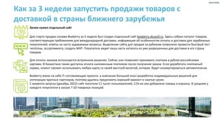 Как за 3 недели запустить продажи товаров с
доставкой в страны ближнего зарубежья
Зачем нужен отдельный сайт
Для старта продаж силами Boxberry за 3 недели был создан отдельный сайт boxberry.vkusvill.ru. Здесь собран каталог товаров,
соответствующих требованиям для международной доставки, информация об особенностях оплаты и доставки для зарубежных
покупателей, ответы на часто задаваемые вопросы. Выделение сайта для продаж за рубежом позволило провести быстрый тест
гипотезы, ассортимента, создать MVP. Покупатель видит лишь часть каталога из уже разрешенных для доставки в его страну
товаров.
Для оплаты заказов используется встроенное решение. Сейчас оно позволяет принимать платежи в рублях российскими
картами. В Казахстане также доступна оплата наложенным платежом после получения заказа. Если доработать платежный
сервис, клиент сможет использовать любую карту со своей местной валютой, которая будет конвертироваться автоматически.
Boxberry взяла на себя IT-составляющую проекта: у компании большой опыт разработки индивидуальных решений для
интеграции крупных партнеров, поэтому удалось предложить хороший вариант в сжатые сроки.
С момента запуска (декабрь 2022) сайт посетили 11 тысяч пользователей, 11% их них добавляли товары в корзину. В среднем у
каждого покупателя в заказе 7-10 товарных позиций.
реклама
 