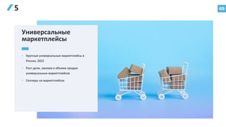 69
5
Универсальные
маркетплейсы
• Крупные универсальные маркетплейсы в
России, 2022
• Рост доли, заказов и объема продаж
универсальных маркетплейсов
• Селлеры на маркетплейсах
 