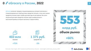 7
eGrocery в России, 2022
eGrocery включает продажи специализированных интернет-магазинов и
специализированных служб доставки продуктов питания, в том числе заказы
продуктов питания через службы доставки еды из ресторанов, без учета
несрочной доставки продуктов питания через универсальные и
мультикатегорийные интернет-магазины и маркетплейсы.
Источник: Data Insight, 2023: ежемесячный бюллетень eGrocery – datainsight.ru/eGrocery_January_2023
+66%
млрд руб.
объем рынка
402млн
заказов
1 375 руб.
средний чек
+75%
0
-5%
 