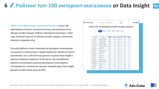 83
Рейтинг топ-100 интернет-магазинов от Data Insight
Рейтинг Tоп-100 интернет-магазинов России – список 100
крупнейших интернет-магазинов России, ранжированный по
объему онлайн-продаж. Рейтинг публикуется ежегодно с 2016
года, включает данные по объему онлайн-продаж, количеству
заказов и среднему чеку.
В основе рейтинга лежит комплексная методика, включающая
как данные и комментарии, предоставленные самими интернет-
магазинами, так и собственные данные и оценки Data Insight и
данные сторонних сервисов. В частности, при составлении
рейтинга используются данные регулярного мониторинга
посещаемости и количества заказов, который ведет Data Insight,
данные онлайн-чеков, данные ФНС.
83
Источник: Data Insight, Рейтинг Tоп-100 интернет-магазинов в России 2021 года, 2022 – top100.datainsight.ru
6
 
