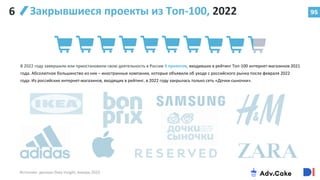 95
Закрывшиеся проекты из Топ-100, 2022 95
Источник: данные Data Insight, январь 2023
В 2022 году завершили или приостановили свою деятельность в России 9 проектов, входивших в рейтинг Топ-100 интернет-магазинов 2021
года. Абсолютное большинство из них – иностранные компании, которые объявили об уходе с российского рынка после февраля 2022
года. Из российских интернет-магазинов, входящих в рейтинг, в 2022 году закрылась только сеть «Дочки-сыночки».
6
 