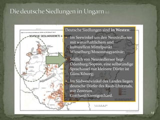 Deutsche Siedlungen sind in Westen:
 Im Seewinkel um den Neusiedlersee

mit wirtschaftlichem und
kulturellem Mittelpunkt
Wieselburg/Mosonmagyaróvár;
 Südlich von Neusiedlersee liegt

Ödenburg/Sopron, eine selbständige
Sprachinsel mit kleinere Dörfer ist
Güns/Kőszeg;
 Im Südwestwinkel des Landes liegen

deutsche Dörfer des Raab-Lfnitztals,
mit Zentrum
Gotthard/Szentgotthárd.

14

 