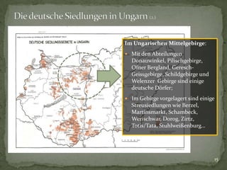 Im Ungarischen Mittelgebirge:
 Mit den Abteilungen

Donauwinkel, Pilischgebirge,
Ofner Bergland, GereschGeissgebirge, Schildgebirge und
Welenzer Gebirge sind einige
deutsche Dörfer;
 Im Gebirge vorgelagert sind einige

Streusiedlungen wie Berzel,
Martinsmarkt, Schambeck,
Werischwar, Dorog, Zirtz,
Totis/Tata, Stuhlweißenburg…

15

 
