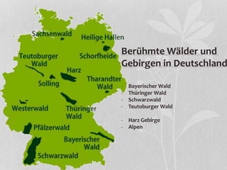 Berühmte Wälder und
Gebirgen in Deutschland
- Bayerischer Wald
- Thüringer Wald
- Schwarzwald
- Teutoburger Wald
- Harz Gebirge
- Alpen
 
