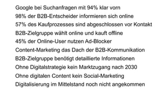 98% der B2B-Entscheider informieren sich online
45% der Online-User nutzen Ad-Blocker
Content-Marketing das Dach der B2B-Kommunikation
B2B-Zielgruppe benötigt detaillierte Informationen
B2B-Zielgruppe wählt online und kauft offline
Google bei Suchanfragen mit 94% klar vorn
Ohne digitalen Content kein Social-Marketing
57% des Kaufprozesses sind abgeschlossen vor Kontakt
Digitalisierung im Mittelstand noch nicht angekommen
Ohne Digitalstrategie kein Marktzugang nach 2030
 