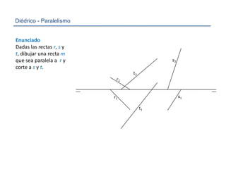 Diédrico - Paralelismo Enunciado Dadas las rectas r, s y t, dibujar una recta m que sea paralela a  r y corte a s y t. s2 t2 r2 s1 r1 t1 