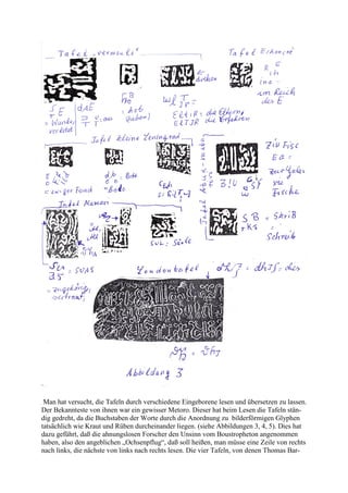 Man hat versucht, die Tafeln durch verschiedene Eingeborene lesen und übersetzen zu lassen.
Der Bekannteste von ihnen war ein gewisser Metoro. Dieser hat beim Lesen die Tafeln stän-
dig gedreht, da die Buchstaben der Worte durch die Anordnung zu bilderförmigen Glyphen
tatsächlich wie Kraut und Rüben durcheinander liegen. (siehe Abbildungen 3, 4, 5). Dies hat
dazu geführt, daß die ahnungslosen Forscher den Unsinn vom Boustropheton angenommen
haben, also den angeblichen „Ochsenpflug“, daß soll heißen, man müsse eine Zeile von rechts
nach links, die nächste von links nach rechts lesen. Die vier Tafeln, von denen Thomas Bar-
 