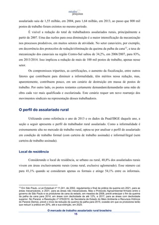 assalariado saiu de 1,55 milhão, em 2004, para 1,64 milhão, em 2013, ao passo que 800 mil 
postos de trabalho foram extintos no mesmo período. 
É visível a redução do total de trabalhadores assalariados rurais, principalmente a 
partir de 2007. Uma das razões para essa diminuição é a maior intensificação da mecanização 
nos processos produtivos, em muitos setores de atividade. No setor canavieiro, por exemplo, 
em decorrência dos protocolos de redução/eliminação da queima da palha da cana12, a taxa de 
mecanização dos canaviais na região Centro-Sul saltou de 34,2%, em 2006/2007, para 83%, 
em 2013/2014. Isso implicou a redução de mais de 100 mil postos de trabalho, apenas nesse 
setor. 
Os compromissos tripartites, as certificações, o aumento da fiscalização, entre outros 
fatores que contribuem para diminuir a informalidade, têm méritos nessa redução, mas, 
aparentemente, contribuem pouco, em um cenário de destruição em massa de postos de 
trabalho. Por outro lado, os postos restantes certamente demandam/demandarão uma mão de 
obra cada vez mais qualificada e escolarizada. Este cenário requer um novo rearranjo dos 
movimentos sindicais na representação desses trabalhadores. 
O mercado de trabalho assalariado rural brasileiro 
15 
O perfil do assalariado rural 
Utilizando como referência o ano de 2013 e os dados da Pnad/IBGE daquele ano, a 
seção a seguir apresenta o perfil do trabalhador rural assalariado. Como a informalidade é 
extremamente alta no mercado de trabalho rural, optou-se por analisar o perfil do assalariado 
em condição de trabalho formal (com carteira de trabalho assinada) e informal/ilegal (sem 
carteira de trabalho assinada). 
Local de residência 
Considerando o local de residência, se urbano ou rural, 48,8% dos assalariados rurais 
vivem em áreas exclusivamente rurais (zona rural, exclusive aglomerado). Esse número cai 
para 41,1% quando se consideram apenas os formais e atinge 54,1% entre os informais. 
12 Em São Paulo, a Lei Estadual nº 11.241, de 2002, regulamenta o final da prática da queima em 2021, para as 
áreas mecanizáveis, e 2031, para as áreas não mecanizáveis. Mas o Protocolo Agroambiental firmado entre o 
governo de São Paulo e os produtores de cana do estado, em meados de 2008, prevê antecipar o fim da queima 
da palha da cana para 2014, em áreas com declividade de até 12%, e 2017, para as áreas com declividade 
superior. No Paraná, a Resolução nº 076/2010, da Secretaria de Estado do Meio Ambiente e Recursos Hídricos 
do Paraná (Sema), prevê o início da redução da queima da palha para 2015, ocasião em que os produtores terão 
que reduzir a prática em 20%, até a sua extinção, em 2025. 
 