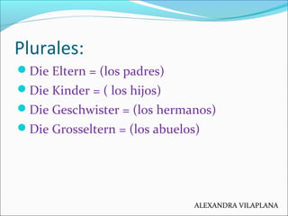 Die Eltern = (los padres)
Die Kinder = ( los hijos)
Die Geschwister = (los hermanos)
Die Grosseltern = (los abuelos)
P...