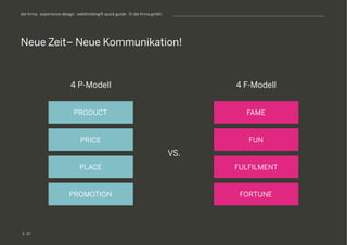 S
die firma . experience design . webthinking® quick guide . © die firma gmbh
Neue Zeit– Neue Kommunikation!
10
PRODUCT FAME
PRICE
PLACE
PROMOTION
FUN
FULFILMENT
FORTUNE
VS.
4 P-Modell 4 F-Modell
 