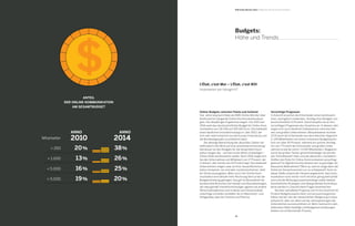45
38%
26%
25%
20%
ANNO
2014
20%
13%
16%
19%
ANNO
2010Mitarbeiter
< 250
< 1.000
< 5.000
> 5.000
Online-Budgets zwischen Flaute und Aufwind
Vier Jahre lang berichtete der B2B-Online-Monitor über
kontinuierlich steigende Online-Kommunikationsbud-
gets. Die diesjährigen Ergebnisse zeigen: Von 2013 auf
2014 sank das durchschnittliche Budget für Online-Kom-
munikation von 131.000 auf 105.000 Euro. Das bedeutet
einen deutlichen Investitionsstopp im Jahr 2013, der
sich sehr wahrscheinlich auf die Europa-Finanzkrise und
die Bundestagswahl zurückführen lässt.
	 Die alleinige Betrachtung der absoluten Zahlen ver-
stellt jedoch den Blick auf eine spannende Entwicklung:
Gemessen an den Budgets für die Gesamtkommuni-
kation steigen die – auf den ersten Blick rückläufigen –
Online-Etats kontinuierlich weiter. Noch 2010 zeigte sich
bei den Unternehmen ein Mittelwert von 17 Prozent, der
in diesem Jahr bereits bei 31 Prozent liegt. Das bedeutet:
Unternehmen mögen zwar an ihrer Gesamtkommuni-
kation einsparen, sie sind aber zunehmend bereit, Geld
für Online auszugeben. Mehr noch: Der Online-Kom-
munikation wird aktuell mehr Rechnung denn je bei der
Budgetverteilung getragen. Das gilt im Besonderen für
kundennahe Branchen wie Handel und Dienstleistungen,
die naturgemäß investitionsfreudiger agieren als andere
Wirtschaftssektoren und in denen sich Kommunikati-
onserfolge schneller einstellen als im Maschinen- und
Anlagenbau oder bei Chemie und Pharma.
Budgets:
Höhe und Trends
B2B Online-Monitor 2014 / Stellenwert der Online-Kommunikation
Vorsichtige Prognosen
In Zukunft erwarten die Entscheider einen kontinuierli-
chen, wenngleich moderaten, Anstieg ihres Budgets von
durchschnittlich 11 Prozent. Damit knüpfen sie an ihre
vorsichtigen Prognosen des Vorjahres an. In diesem Jahr
zeigen sich auch deutliche Diskrepanzen zwischen klei-
nen und großen Unternehmen: Beispielsweise rechnen
22 Prozent der Entscheider aus dem kleinsten Segment
(< 250 Mitarbeiter) mit einem immensen Budgetwachs-
tum von über 50 Prozent, während ein solcher Anstieg
nur von 7 Prozent der Entscheider aus großen Unter-
nehmen erwartet wird (> 5.000 Mitarbeiter). Reagieren
somit die großen Tanker generell behäbiger als die klei-
nen Schnellboote? Oder sind die absoluten, monetären
Größen der Etats für Online-Kommunikation ausschlag-
gebend? Ist digitale Kommunikation per se günstiger als
klassische Maßnahmen? Wenn ja, warum steigt dann der
Anteil am Gesamtvolumen nur so schleppend? Auch an
dieser Stelle scheint der Hinweis angebracht, dass Kom-
munikation noch immer nicht vernetzt genug betrachtet
wird und die Wirkungszusammenhänge unklar bleiben.
Ganzheitliche Strategien und übergreifende Kontrollsys-
teme werden in Zukunft diese Fragen beantworten.
	 Die eher verhaltene Prognose von im Durchschnitt 10
Prozent Budgetzuwachs lässt sich als psychologischer
Faktor werten, der der tatsächlichen Steigerung in etwa
entspricht, aber vor allem auf die Jahresplanungen der
Unternehmen zurückzuführen ist. Mehr Geld wird in den
seltensten Fällen bewilligt und Budgetverschiebungen
bleiben ein schleichender Prozess.
L'État, c'est Moi – L'État, c'est ROI
Investieren wir königlich?
ANTEIL
DER ONLINE-KOMMUNIKATION
AM GESAMTBUDGET
 