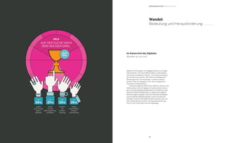 49
Digitale Technologien sind allgegenwärtig; sie zwingen
Unternehmen, ihre Geschäftsmodelle zu überdenken
und an die veränderten Arbeits- und Lebensumstände
der Kunden anzupassen. Wer diesen grundlegenden
Wandel ignoriert, wird auf Dauer in seiner Existenz
bedroht. Wer ihn hingegen nutzt, dem ermöglicht er
Innovation und Wachstum.
	 Erstmals fragte der B2B Online-Monitor danach, was
Unternehmen mit der digitalen Transformation verbin-
den. Die überwältigende Mehrheit der Teilnehmer iden-
tifizierte zahlreiche Merkmale, in denen sich zugleich
Befürchtungen spiegeln, darunter fehlende Strategien,
unzureichende Digitalkompetenz oder erforderliche
Change-Prozesse. Wichtige Faktoren werden zwar von
allen Unternehmen erkannt, die Operationalisierung
muss in der Praxis aber erst noch gelingen.
B2B Online-Monitor 2014 / Digitale Transformation
Im Kaiserreich des Digitalen
Wandeln wir uns mit?
SALE
Wandel:
Bedeutung und Herausforderung
nur
29%
wollen
den direkten
Verkauf
unterstützen
nur
33%
fördern
die
Kunden-
bindung
nur
37%
wollen
sich als
Meinungsführer
aufstellen
nur
33%
wollen
sich von der
Masse
abheben
ZIELE
AUF DER SUCHE NACH
DEM HEILIGEN GRAL.
JETZT
NEU!
 