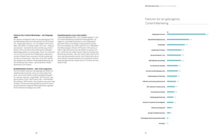 66 67
7
Zielgruppenrelevanz
Sonstiges
Effektive Verbreitung (Distribution)
Handlungsaufforderung
Wiederverwertbarkeit
Geringe Produktionskosten
Aufwändige Aufmachung (Exklusivität)
Einfache Produktion (Schnelligkeit)
SEO-optimierte Aufbereitung
Personalisierte Inhalte
Verzicht auf Marketingsprache
Langfristige Strategie
Mitreißendes Storytelling
Journalistische Qualität
Empfehlungswert (Sharing)
Gut geschriebener Text
Aktualität (Neuigkeitswert)
Originalität
%
Faktoren für ein gelungenes
Content Marketing
Faktoren des Content Marketings – die Zielguppe
zählt
Als weitaus wichtigsten Faktor für ein gelungenes Con-
tent Marketing sehen die Unternehmen mit 78 Prozent
die „Zielgruppenrelevanz“ an; mit lediglich 44 Prozent
folgt „Aktualität“ an zweiter Stelle. Die in der „Zielgrup-
penrelevanz“ implizierte Kundenorientierung scheint
jedoch mehr einer Wunschvorstellung als bisherigen
Marketingpraktiken zu entspringen. Denn: Ein Unterneh-
men muss erst einmal seine Zielgruppen analysieren,
um deren Bedürfnisse zu kennen und den passenden
Content zu produzieren. Dass dies noch nicht stattfin-
det, belegt unter anderem die geringe Bedeutung, die
die Teilnehmer dem Faktor „personalisierte Inhalte“
beimessen (15 Prozent).
Qualitätsbedarf erkannt – aber nicht umgesetzt
Die Entscheider erkennen den gesteigerten Bedarf an
redaktioneller Expertise: Viele von ihnen halten Fak-
toren, die zu einer hohen Content-Qualität beitragen,
für relevant, darunter „Originalität“ (36 Prozent), „gut
geschriebene Texte“ (28 Prozent) oder „mitreißendes
Storytelling“ (28 Prozent). Sie schenken auch einer lang-
fristigen Themenentwicklung Beachtung (29 Prozent),
die grundsätzlich integraler Bestandteil einer digitalen
Kommunikationsstrategie sein sollte.
Empfehlungswert noch unterschätzt
„Verbreitungseffektivität“ und „Empfehlungswert“ sind
im Content Marketing unerlässliche Messgrößen. Sie
zeigen an, ob Inhalte tatsächlich zu den Zielgruppen
gefunden haben und Dialoge in Gang gesetzt wurden.
Dennoch bewegen sich diese Faktoren nur im Mittelfeld
aller Bewertungen (18 bzw. 20 Prozent). Wir bereits er-
wähnt, liegt aber genau hier die Stärke von gutem Con-
tent. Unternehmen sollten diesen Faktoren künftig mehr
Beachtung schenken, denn der beste Inhalt nützt nichts,
wenn niemand darüber spricht. Auch Exklusivität, die zu
einer höheren Aufmerksamkeit und schnelleren Verbrei-
tung beitragen könnte, landet mit nur 2 Prozent auf dem
letzten Platz.
78
44
36
29
28
28
22
22
20
18
16
15
13
13
9
2
1
B2B Online-Monitor 2014 / Schwerpunkt: Content Marketing
 