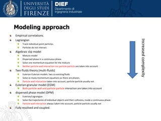Empirical correlations.
Lagrangian
Track individual point particles.
Particles do not interact.
Algebraic slip model
Mixture model
Dispersed phase in a continuous phase.
Solve one momentum equation for the mixture.
Neither particle-wall interaction nor particle-particle are taken into account
Two-fluids theory (multi-fluids)
Eulerian-Eulerian models: two co-existing fluids
Solve as many momentum equations as there are phases.
Particle-wall interaction taken into account, particle-particle usually not.
Eulerian-granular model (EGM)
Both particle-wall and particle-particle interaction are taken into account
dispersed phase model (DPM)
Eulerian/Lagrangian
Solve the trajectories of individual objects and their collisions, inside a continuous phase.
Particle-wall interaction always taken into account, particle-particle usually not
Fully resolved and coupled.
Increasedcomplexity
Modeling approach
 