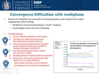 Convergence Difficulties with multiphase
• Numerical instabilities can arise with an ill-posed problem, poor-quality mesh and/or
inappropriate solver settings.
– Exhibited as increasing (diverging) or “stuck” residuals.
– Unconverged results are very misleading!
• Troubleshooting
1. Ensure that the problem is well-posed.
2. Compute an initial solution using a
first-order discretization scheme.
3. For the pressure-based solver, decrease
underrelaxation factors for equations
having convergence problems.
4. For the density-based solver, reduce
the Courant number.
5. Disabling Volume fraction &phase equations
6. Remesh or refine cells which have large
aspect ratio or large skewness.
(Remember that you cannot improve
cell skewness by using mesh adaption!)
Continuity equation convergence
trouble affects convergence of
all equations.
 