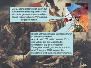 Der 3. Stand erklärte sich dann zur Nationalversammlung, und schwor sich solange zusammenzubleiben, bis sie Frankreich eine Verfassung gegeben hätten. Dieser Schwur, ging als Ballhausschwur in die Geschichte ein. Am 14. Juli 1789 entlud sich der Zorn des Volkes auf die Missstände. Die Bastille, die als Symbol der Zwangsherrschaft galt, wurde erstürmt. Am 26. August 1789 wurden die Menschen- und Bürgerrechte verkündet. 