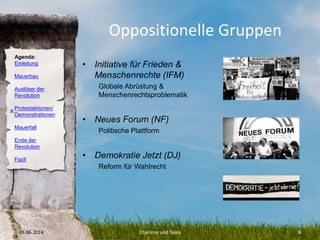 Agenda:
Einleitung
Mauerbau
Auslöser der
Revolution
Protestaktionen/
Demonstrationen
Mauerfall
Ende der
Revolution
Fazit
Oppositionelle Gruppen
• Initiative für Frieden &
Menschenrechte (IFM)
Globale Abrüstung &
Menschenrechtsproblematik
• Neues Forum (NF)
Politische Plattform
• Demokratie Jetzt (DJ)
Reform für Wahlrecht
05.06.2014 Charlene und Talea 8
O
 