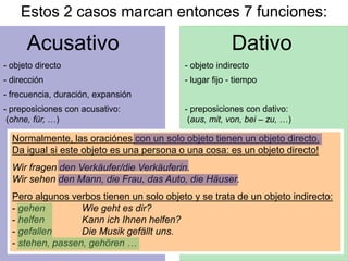 Acusativo Dativo
Estos 2 casos marcan entonces 7 funciones:
- objeto directo - objeto indirecto
- dirección - lugar fijo - tiempo
- frecuencia, duración, expansión
- preposiciones con acusativo: - preposiciones con dativo:
(ohne, für, …) (aus, mit, von, bei – zu, …)
Normalmente, las oraciónes con un solo objeto tienen un objeto directo.
Da igual si este objeto es una persona o una cosa: es un objeto directo!
Wir fragen den Verkäufer/die Verkäuferin.
Wir sehen den Mann, die Frau, das Auto, die Häuser.
Pero algunos verbos tienen un solo objeto y se trata de un objeto indirecto:
- gehen Wie geht es dir?
- helfen Kann ich Ihnen helfen?
- gefallen Die Musik gefällt uns.
- stehen, passen, gehören …
 