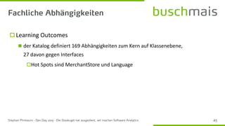  Learning Outcomes
◼ der Katalog definiert 169 Abhängigkeiten zum Kern auf Klassenebene,
27 davon gegen Interfaces
Hot Spots sind MerchantStore und Language
 