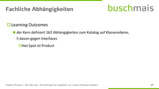 Learning Outcomes
◼ der Kern definiert 162 Abhängigkeiten zum Katalog auf Klassenebene,
5 davon gegen Interfaces
Hot Spot ist Product
 