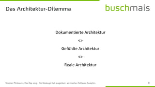 Dokumentierte Architektur
<>
Gefühlte Architektur
<>
Reale Architektur
 