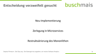 Neu-Implementierung
Zerlegung in Microservices
Restruktukrierung des Mononlithen
 