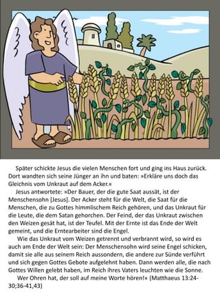 Später schickte Jesus die vielen Menschen fort und ging ins Haus zurück.
Dort wandten sich seine Jünger an ihn und baten: »Erkläre uns doch das
Gleichnis vom Unkraut auf dem Acker.«
Jesus antwortete: »Der Bauer, der die gute Saat aussät, ist der
Menschensohn [Jesus]. Der Acker steht für die Welt, die Saat für die
Menschen, die zu Gottes himmlischem Reich gehören, und das Unkraut für
die Leute, die dem Satan gehorchen. Der Feind, der das Unkraut zwischen
den Weizen gesät hat, ist der Teufel. Mit der Ernte ist das Ende der Welt
gemeint, und die Erntearbeiter sind die Engel.
Wie das Unkraut vom Weizen getrennt und verbrannt wird, so wird es
auch am Ende der Welt sein: Der Menschensohn wird seine Engel schicken,
damit sie alle aus seinem Reich aussondern, die andere zur Sünde verführt
und sich gegen Gottes Gebote aufgelehnt haben. Dann werden alle, die nach
Gottes Willen gelebt haben, im Reich ihres Vaters leuchten wie die Sonne.
Wer Ohren hat, der soll auf meine Worte hören!« (Matthaeus 13:24-
30;36-41,43)
 