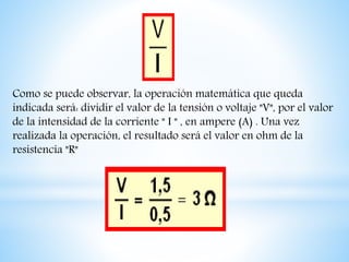 Como se puede observar, la operación matemática que queda
indicada será: dividir el valor de la tensión o voltaje "V", por el valor
de la intensidad de la corriente " I " , en ampere (A) . Una vez
realizada la operación, el resultado será el valor en ohm de la
resistencia "R"
 