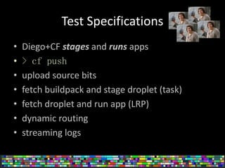Test Specifications
• Diego+CF stages and runs apps
• > cf push
• upload source bits
• fetch buildpack and stage droplet (...