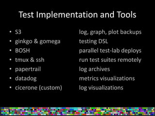 Test Implementation and Tools
• S3 log, graph, plot backups
• ginkgo & gomega testing DSL
• BOSH parallel test-lab deploys...