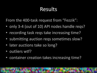 Results
From the 400-task request from “Fezzik”:
• only 3-4 (out of 10) API nodes handle reqs?
• recording task reqs take ...
