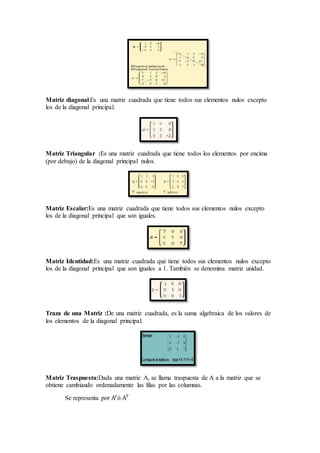 Matriz diagonal:Es una matriz cuadrada que tiene todos sus elementos nulos excepto
los de la diagonal principal.
Matriz Triangular :Es una matriz cuadrada que tiene todos los elementos por encima
(por debajo) de la diagonal principal nulos.
Matriz Escalar:Es una matriz cuadrada que tiene todos sus elementos nulos excepto
los de la diagonal principal que son iguales.
Matriz Identidad:Es una matriz cuadrada que tiene todos sus elementos nulos excepto
los de la diagonal principal que son iguales a 1. También se denomina matriz unidad.
Traza de una Matriz :De una matriz cuadrada, es la suma algebraica de los valores de
los elementos de la diagonal principal.
Matriz Traspuesta:Dada una matriz A, se llama traspuesta de A a la matriz que se
obtiene cambiando ordenadamente las filas por las columnas.
Se representa por A𝑡
ó A 𝑇
 
