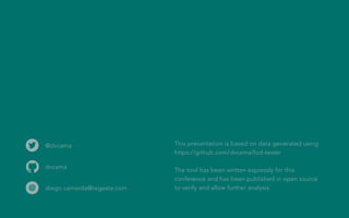 @dvcama
dvcama
diego.camarda@regesta.com

This presentation is based on data generated using
https://github.com/dvcama/lod-tester
The tool has been written expressly for this
conference and has been published in open source
to verify and allow further analysis

 