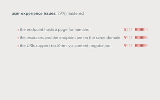 user experience issues: 79% mastered	

› the endpoint hosts a page for humans 	

8/11

› the resources and the endpoint are on the same domain	 9/11
› the URIs support text/html via content negotiation 	

9/11

 