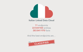 Italian Linked Data Cloud
11 endpoints
22 544 920 entities
283 841 970 facts
And the best endpoints are…

The bestsSendpoints
S IFIED
CLA

 