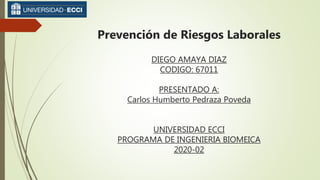DIEGO AMAYA DIAZ
CODIGO: 67011
PRESENTADO A:
Carlos Humberto Pedraza Poveda
UNIVERSIDAD ECCI
PROGRAMA DE INGENIERIA BIOMEICA
2020-02
Prevención de Riesgos Laborales
 
