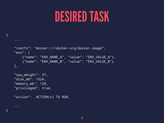 DESIRED TASK
{
...
"rootfs": "docker:///docker-org/docker-image",
"env": [
{"name": "ENV_NAME_A", "value": "ENV_VALUE_A"},
{"name": "ENV_NAME_B", "value": "ENV_VALUE_B"}
],
"cpu_weight": 57,
"disk_mb": 1024,
"memory_mb": 128,
"privileged": true,
"action": ACTION(s) TO RUN,
...
}
18
 