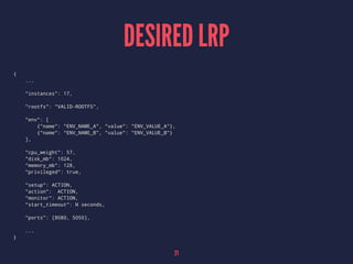 DESIRED LRP
{
...
"instances": 17,
"rootfs": "VALID-ROOTFS",
"env": [
{"name": "ENV_NAME_A", "value": "ENV_VALUE_A"},
{"name": "ENV_NAME_B", "value": "ENV_VALUE_B"}
],
"cpu_weight": 57,
"disk_mb": 1024,
"memory_mb": 128,
"privileged": true,
"setup": ACTION,
"action": ACTION,
"monitor": ACTION,
"start_timeout": N seconds,
"ports": [8080, 5050],
...
}
21
 