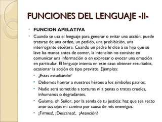 FUNCIONES DEL LENGUAJE -II- FUNCION APELATIVA Cuando se usa el lenguaje para generar o evitar una acción, puede tratarse de una orden, un pedido, una prohibición, una interrogante etcétera. Cuando un padre le dice a su hijo que se lave las manos antes de comer, la intención no consiste en comunicar una información o en expresar o evocar una emoción en particular. El lenguaje intenta en este caso obtener resultados, ocasionar la acción de tipo previsto. Ejemplos: ¿Estas estudiando? Debemos honrar a nuestros héroes a los símbolos patrios. Nadie será sometido a torturas ni a penas o tratos crueles, inhumanos o degradantes. Guíame, oh Señor, por la senda de tu justicia: haz que sea recto ante tus ojos mi camino por causa de mis enemigos. ¡Firmes!, ¡Descanso!,  ¡Atención! 