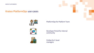 Krateo PlatformOps use cases
KRATEO PLATFORMOPS
PlatformOps for Platform Team
Developer Portal for internal
community
FinO...