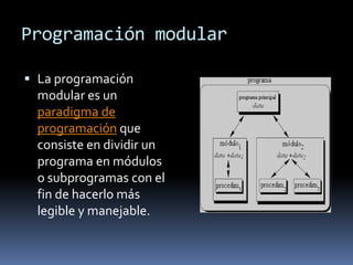 Programación modular

 La programación
  modular es un
  paradigma de
  programación que
  consiste en dividir un
  programa en módulos
  o subprogramas con el
  fin de hacerlo más
  legible y manejable.
 